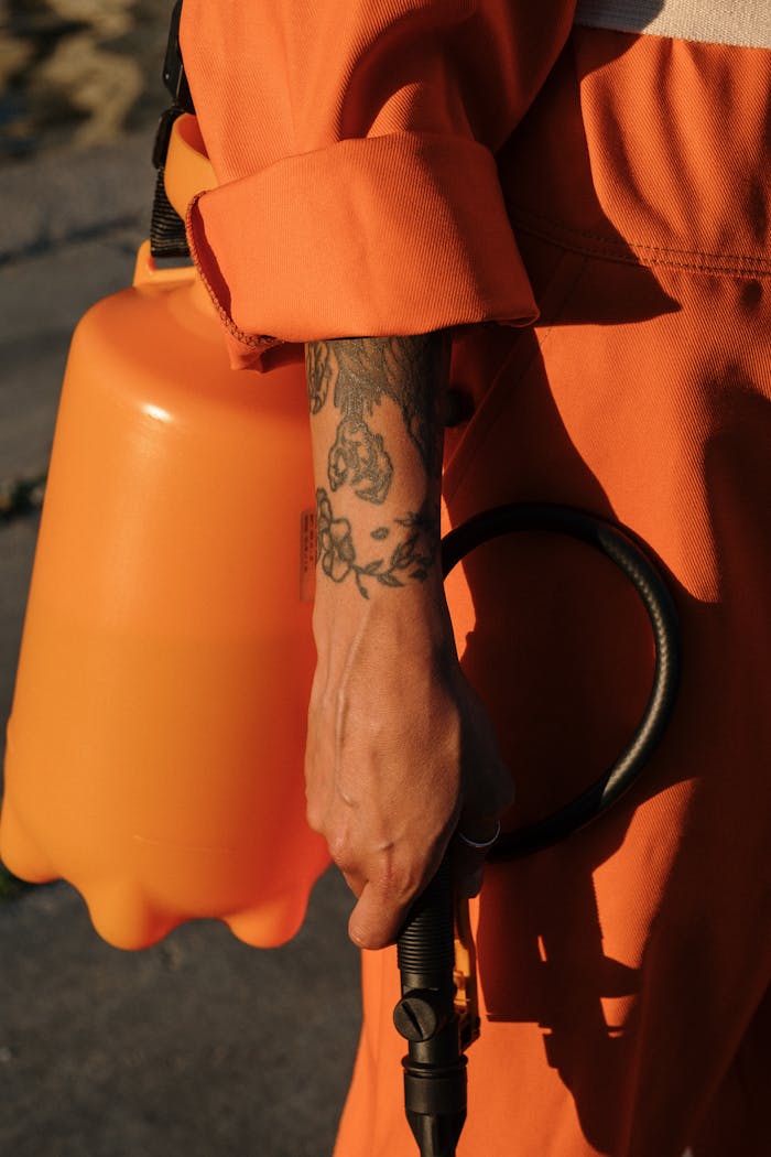 our-story-01 Person in orange coveralls holding a plastic sprayer, focus on tattooed arm.